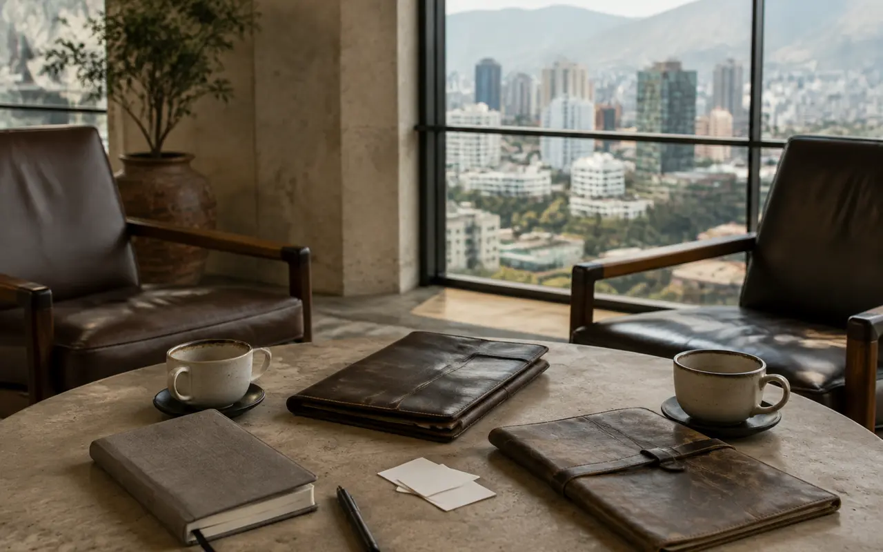 Dos sillones frente a una mesa con café y carpetas de trabajo