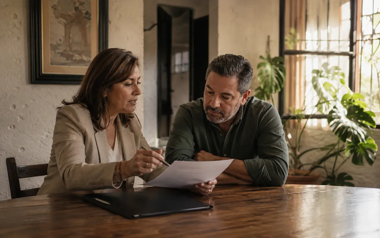 Agente inmobiliaria explicando un acuerdo de representación a un propietario