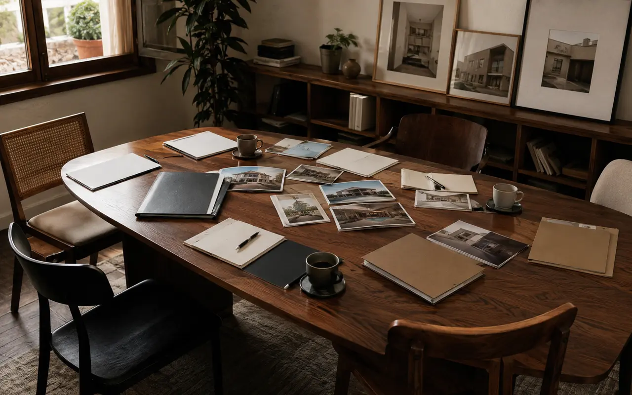 Mesa de trabajo inmobiliario con carpetas de propiedades, libretas y café