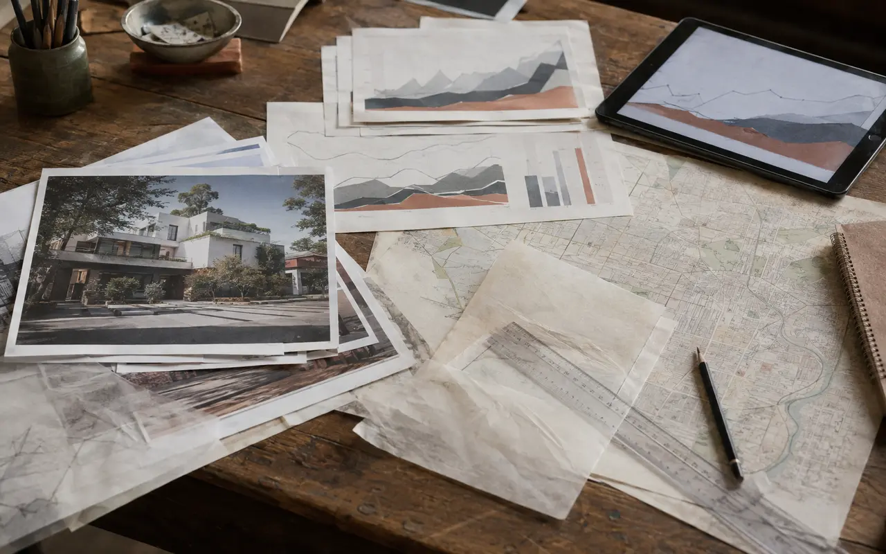 Mesa con fotografías de propiedades, mapas y datos de mercado